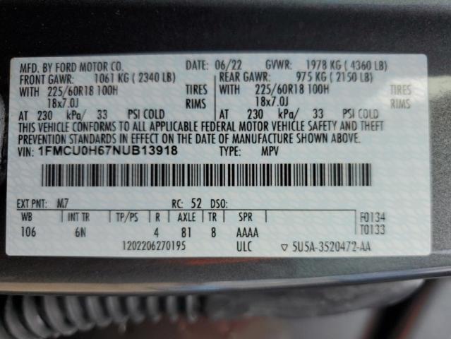 1FMCU0H67NUB13918 - 2022 FORD ESCAPE SEL GRAY photo 13