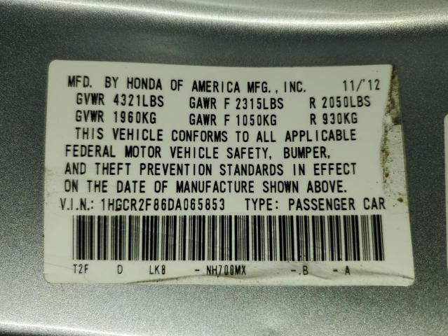 1HGCR2F86DA065853 - 2013 HONDA ACCORD EXL SILVER photo 12