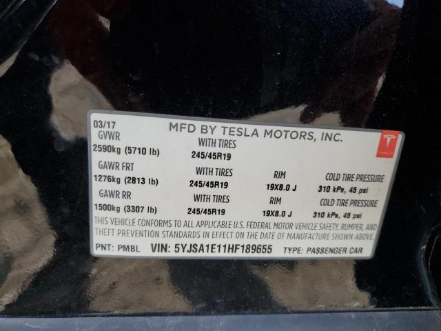 5YJSA1E11HF189655 - 2017 TESLA MODEL S Սև լուսանկար 13