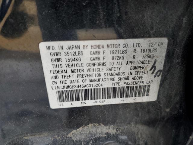 JHMGE8H46AC015204 - 2010 HONDA FIT SPORT BLACK photo 12