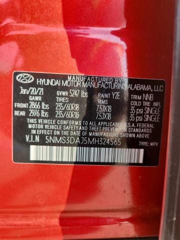 5NMS3DAJ5MH324565 - 2021 HYUNDAI SANTA FE SEL RED photo 12