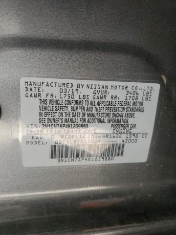 3N1CN7AP4KL859880 - 2019 NISSAN VERSA S GRAY photo 12