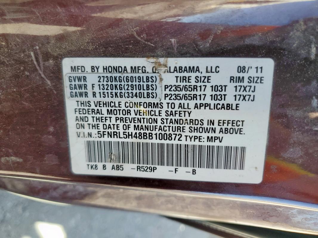 5FNRL5H48BB100872 - 2011 HONDA ODYSSEY EX BURGUNDY photo 13