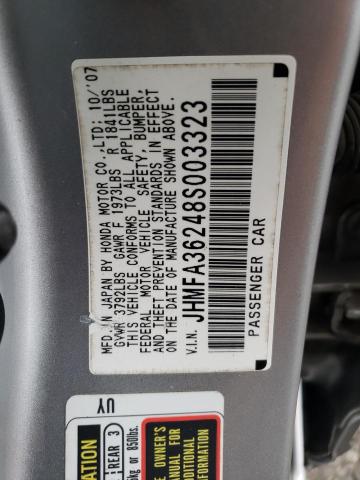 JHMFA36248S003323 - 2008 HONDA CIVIC HYBRID SILVER photo 12