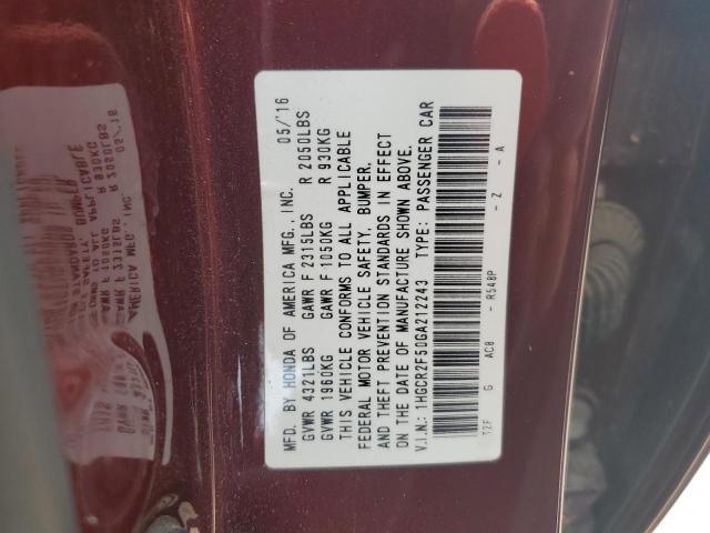 1HGCR2F50GA212243 - 2016 HONDA ACCORD SPORT BURGUNDY photo 12