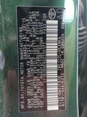 2T1BURHE6GC520172 - 2016 TOYOTA COROLLA L GREEN photo 12