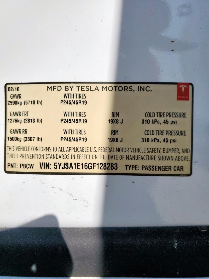 5YJSA1E16GF128283 - 2016 TESLA MODEL S WHITE photo 12