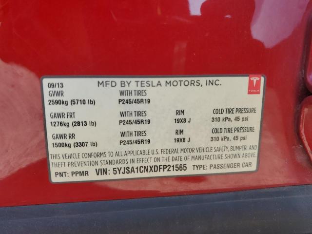 5YJSA1CNXDFP21565 - 2013 TESLA MODEL S RED photo 12