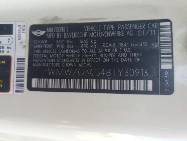 WMWZG3C54BTY30913 - 2011 MINI COOPER S CLUBMAN CREAM photo 12