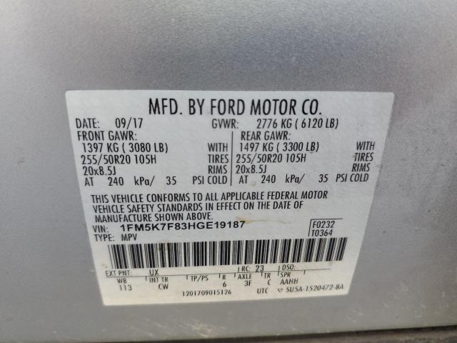 1FM5K7F83HGE19187 - 2017 FORD EXPLORER LIMITED SILVER photo 13