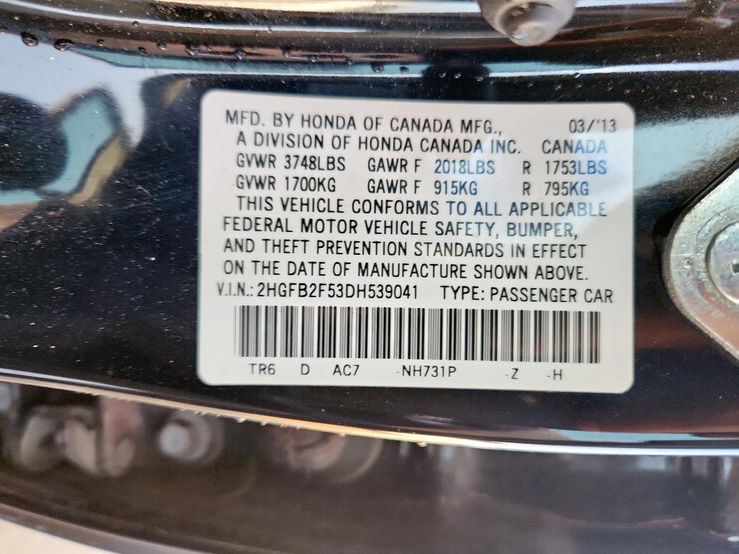 2HGFB2F53DH539041 - 2013 HONDA CIVIC LX Սև լուսանկար 13