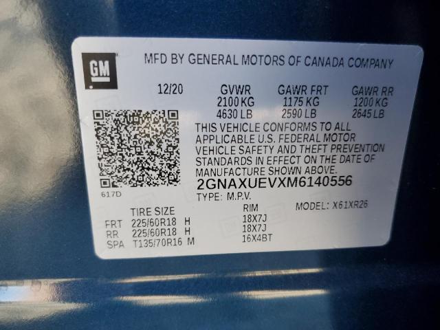 2GNAXUEVXM6140556 - 2021 CHEVROLET EQUINOX LT BLUE photo 13