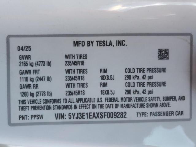 5YJ3E1EAXSF009282 - 2025 TESLA MODEL 3 WHITE photo 12