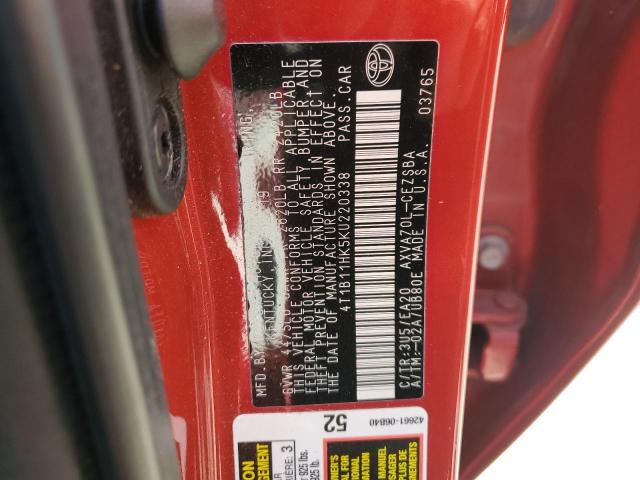 4T1B11HK5KU220338 - 2019 TOYOTA CAMRY L 红色 照片 12