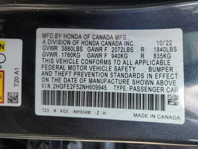 2HGFE2F52NH609945 - 2022 HONDA CIVIC SPORT GRAY photo 13