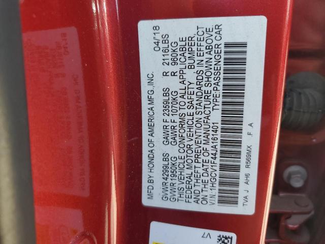 1HGCV1F44JA161401 - 2018 HONDA ACCORD EX 红色 照片 12