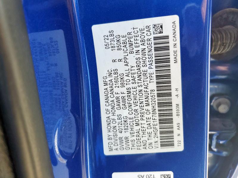 2HGFE1F78NH320578 - 2022 HONDA CIVIC EX BLUE photo 12