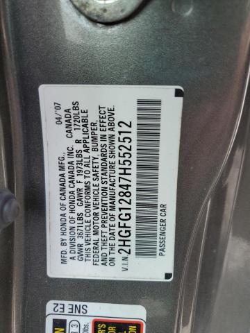 2HGFG12847H552512 - 2007 HONDA CIVIC EX GRAY photo 12