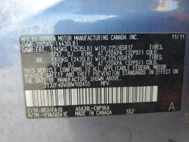 2T3ZF4DV0BW100455 - 2011 TOYOTA RAV4 BLUE photo 13