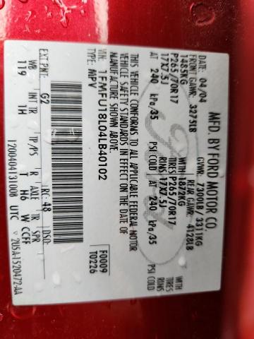 1FMFU18L04LB40102 - 2004 FORD EXPEDITION EDDIE BAUER Rojo foto 14