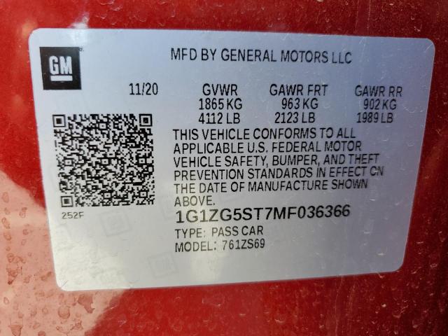 1G1ZG5ST7MF036366 - 2021 CHEVROLET MALIBU RS RED photo 12