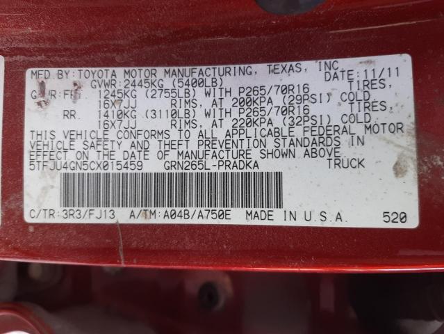 5TFJU4GN5CX015459 - 2012 TOYOTA TACOMA DOUBLE CAB PRERUNNER RED photo 12