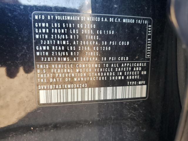 3VV1B7AX1KM034243 - 2019 VOLKSWAGEN TIGUAN S Qara foto 12