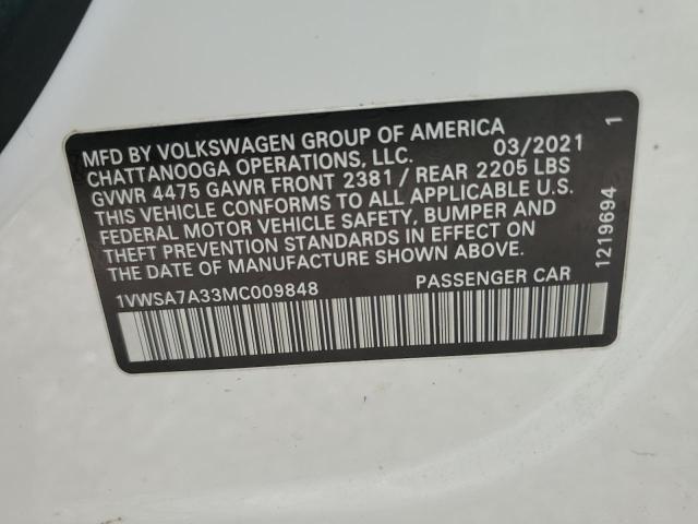 1VWSA7A33MC009848 - 2021 VOLKSWAGEN PASSAT SE WHITE photo 12