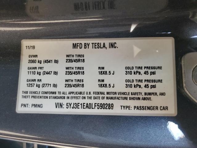 5YJ3E1EA0LF590289 - 2020 TESLA MODEL 3 Сірий фото 13