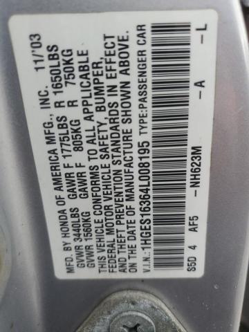 1HGES16364L008195 - 2004 HONDA CIVIC DX VP 银色 照片 12