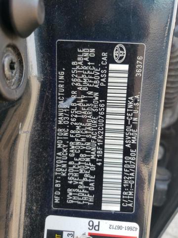 4T1BF1FK2CU076561 - 2012 TOYOTA CAMRY BASE BLACK photo 12