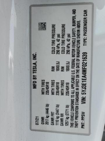 5YJ3E1EA4MF021639 - 2021 TESLA MODEL 3 Biały zdjęcie 13