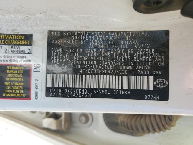4T4BF1FK8CR207336 - 2012 TOYOTA CAMRY BASE Սպիտակ լուսանկար 12