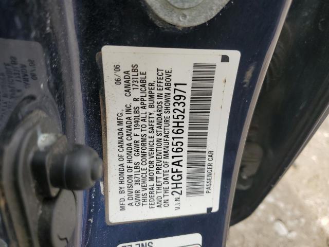 2HGFA16516H523971 - 2006 HONDA CIVIC LX BLUE photo 12