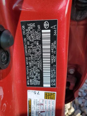 JTDKB20U797830545 - 2009 TOYOTA PRIUS RED photo 12