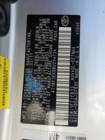 4T1BF3EK0BU214724 - 2011 TOYOTA CAMRY BASE Silber Foto 12