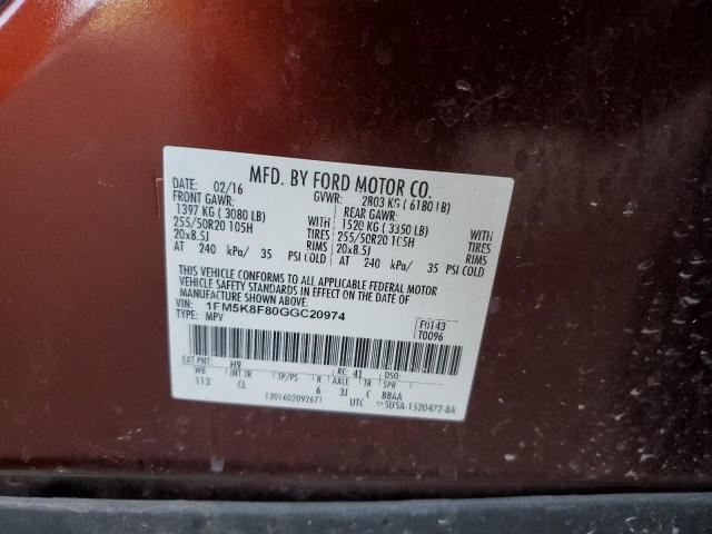 1FM5K8F80GGC20974 - 2016 FORD EXPLORER LIMITED ORANGE photo 13