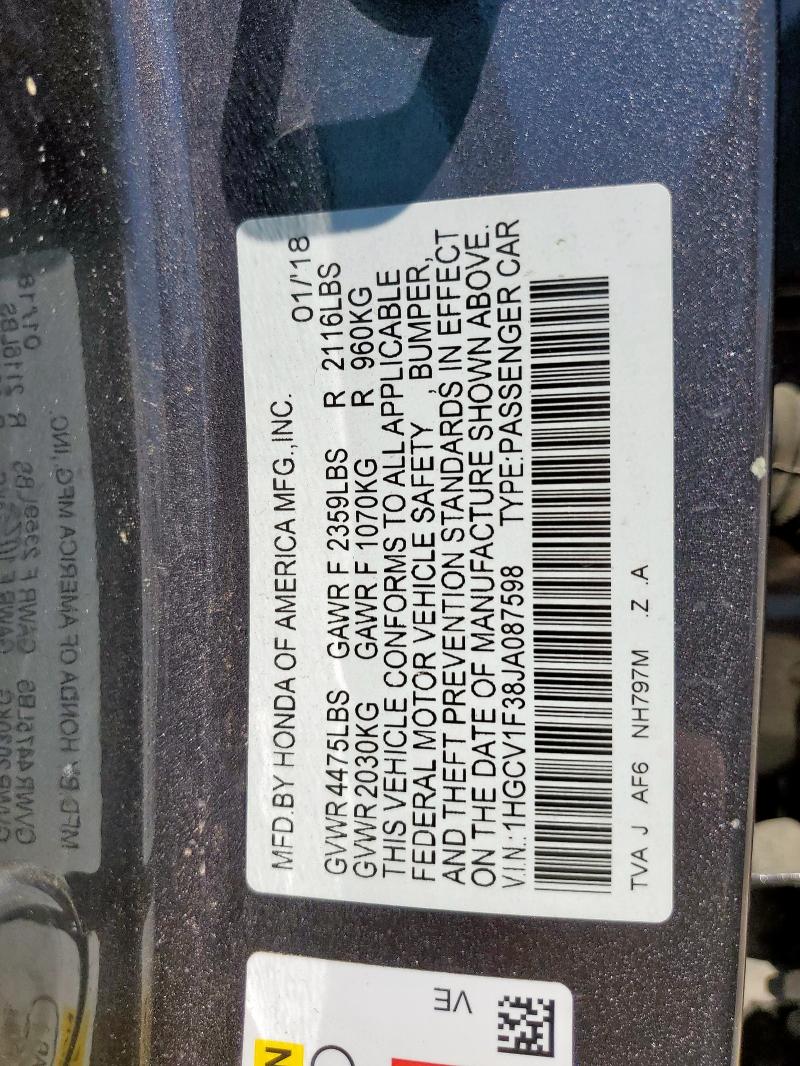 1HGCV1F38JA087598 - 2018 HONDA ACCORD SPORT Boz foto 12