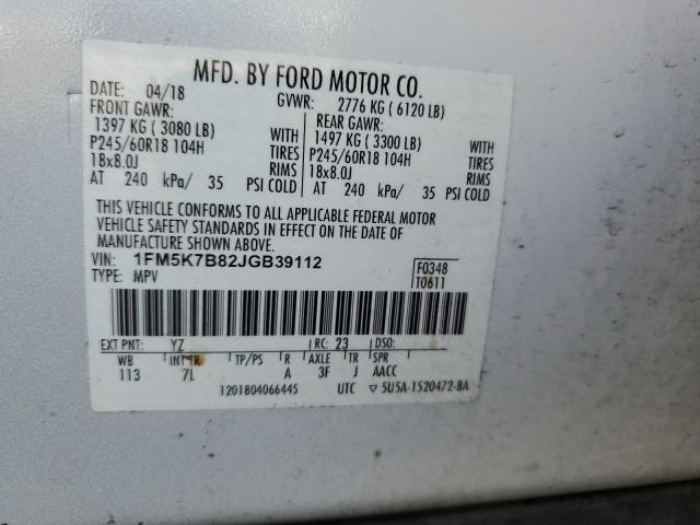 1FM5K7B82JGB39112 - 2018 FORD EXPLORER WHITE photo 13