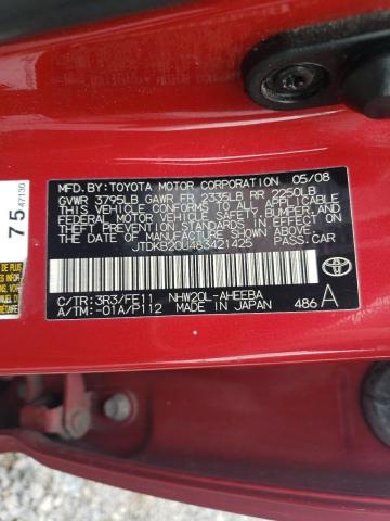 JTDKB20U483421425 - 2008 TOYOTA PRIUS წითელი ფოტო 13