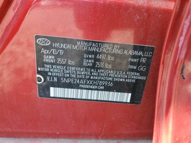 5NPE24AFXKH789936 - 2019 HYUNDAI SONATA SE 红色 照片 12