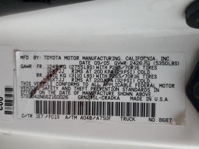 5TEUU42N66Z160026 - 2006 TOYOTA TACOMA ACCESS CAB თეთრი ფოტო 12