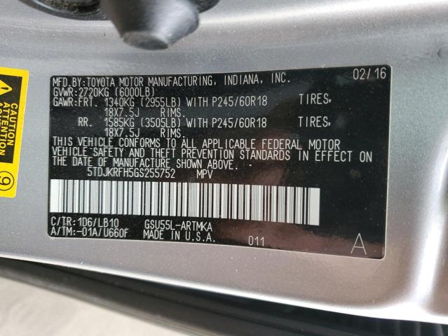 5TDJKRFH5GS255752 - 2016 TOYOTA HIGHLANDER XLE SILVER photo 13