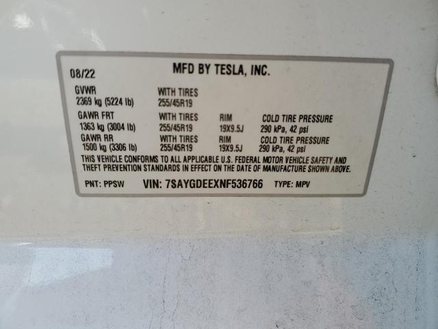 7SAYGDEEXNF536766 - 2022 TESLA MODEL Y თეთრი ფოტო 13