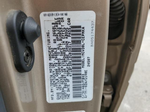 4T1BF32K12U034317 - 2002 TOYOTA CAMRY LE TAN photo 13