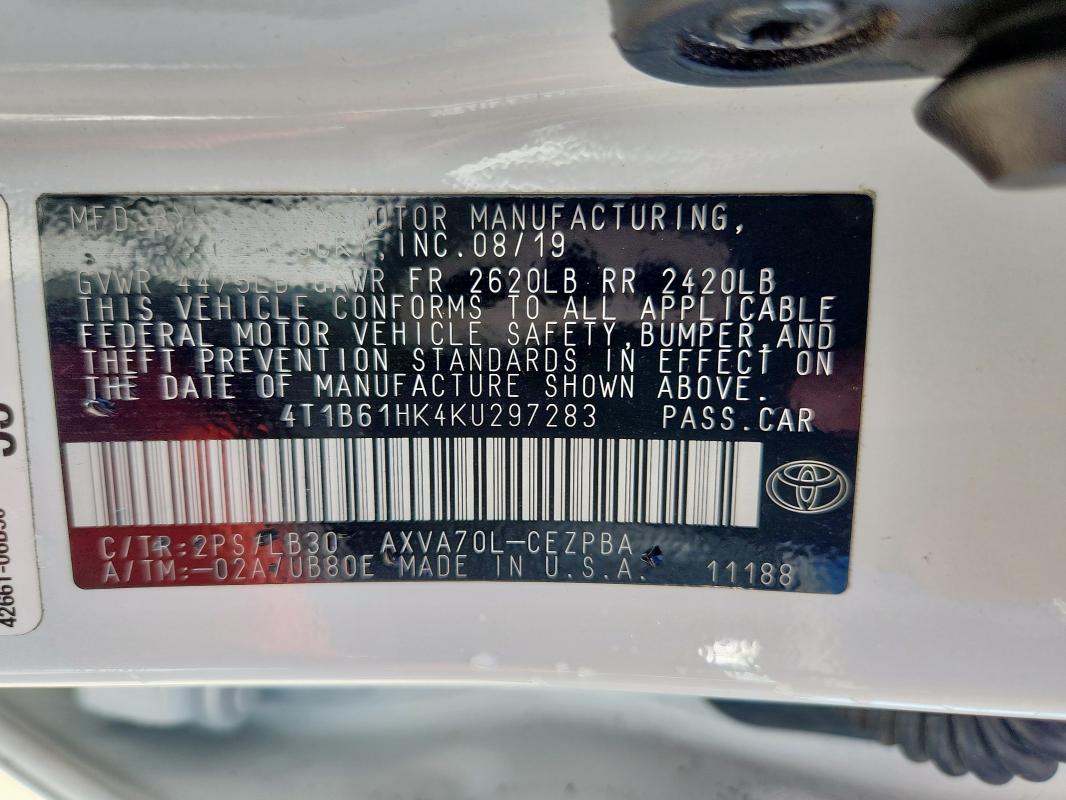 4T1B61HK4KU297283 - 2019 TOYOTA CAMRY XSE 白色 照片 12