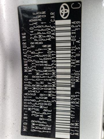 5YFEPMAE3MP220117 - 2021 TOYOTA COROLLA LE 银色 照片 12