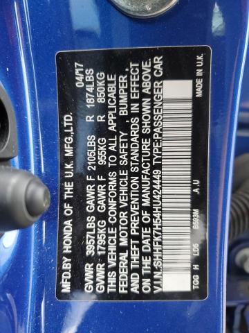 SHHFK7H54HU424449 - 2017 HONDA CIVIC EX BLUE photo 12