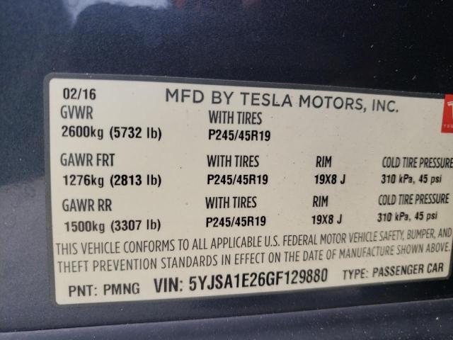 5YJSA1E26GF129880 - 2016 TESLA MODEL S Մոխրագույն լուսանկար 12