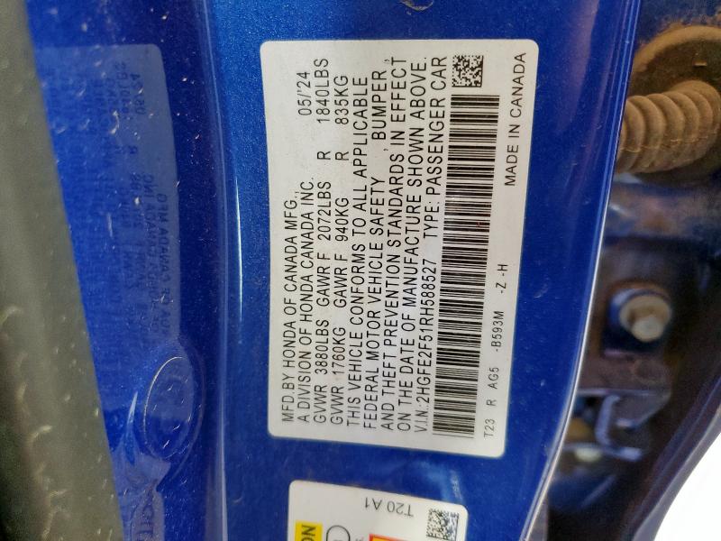 2HGFE2F51RH588527 - 2024 HONDA CIVIC SPORT أزرق صورة 12